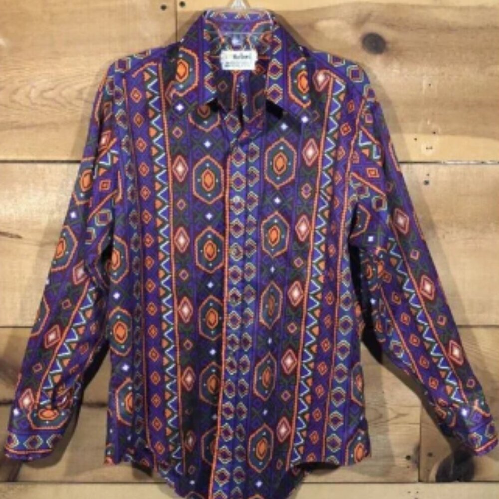 Vintage Marlboro Permanent Press Dress Shirt Mens Size 16-16.5 (Large) Aztec